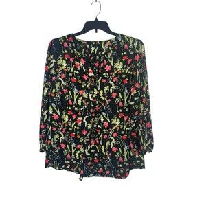 Tahari Floral Blouse Black Botanical Print 1X Sheer Office Top 3/4 Sleeve NWT